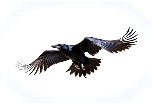 Birds flying ravens isolated on white background Corvus corax. Halloween