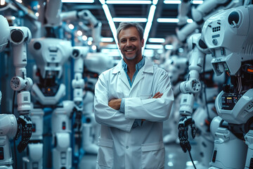 Smiling scientist standing amidst robotic arms - obrazy, fototapety, plakaty