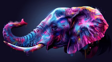 Fotobehang a colorful elephant with tusks and tusks on it's tusks is standing in front of a dark background. © Nadia