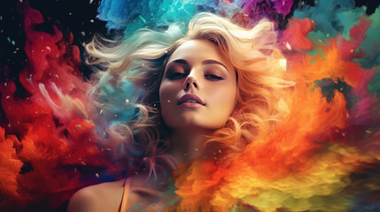 Colorful Fantasy Portrait Woman's Image Combined with Digital Paint Splash and Space Elements