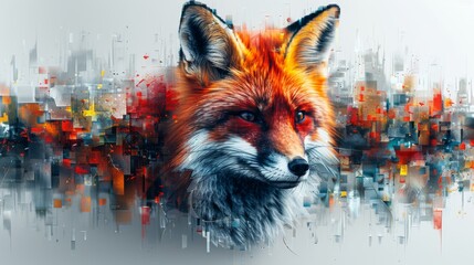 Naklejka premium a painting of a red fox in front of a cityscape with orange and blue colors on it's face.