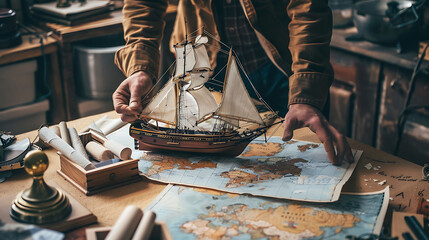 A person assembling a model ship, symbolizing navigation and exploration in business strategies