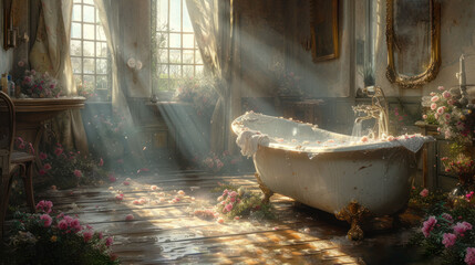 a bathtub sitting in a bathroom next to a table with flowers on it and a mirror on the wall. - obrazy, fototapety, plakaty