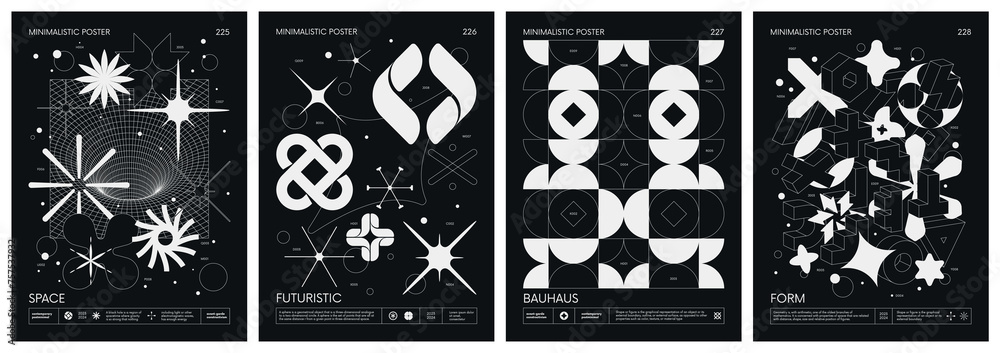 Poster black and white minimalistic posters acid style with strange wireframes geometrical shapes and silho