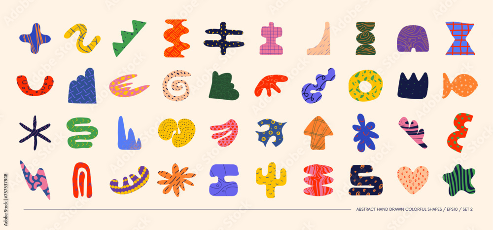Poster Collection of minimalistic bizarre abstract geometric shapes and forms with different textures in contemporary style, Hand drawn colorful primitive, Vector doodle objects and graphic elements, set 2