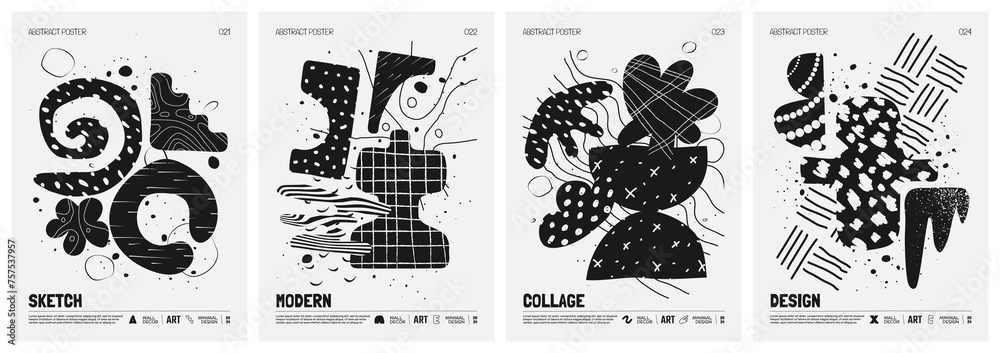 Aufkleber black and white vector minimalistic posters with bizarre abstract geometric unusual shapes and forms