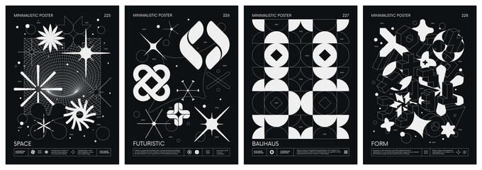 Black and White minimalistic Posters acid style with strange wireframes geometrical shapes and silhouette y2k basic figures, futuristic design inspired by brutalism, set 57
