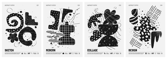 Black and White vector minimalistic Posters with bizarre abstract geometric unusual shapes and forms with textures in matisse style, Hand drawn modern wall art with aesthetic naive figures, set 6
