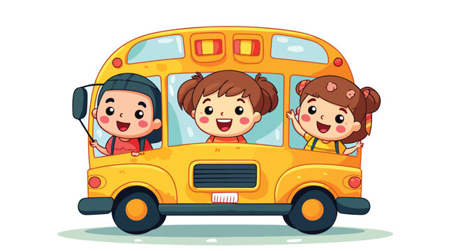 Happy smiling kids riding on a school bus 