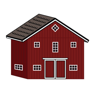 Vector isolated farm red wooden barn. Vector Outline isolated hand drawn illustration on white background, front and side view