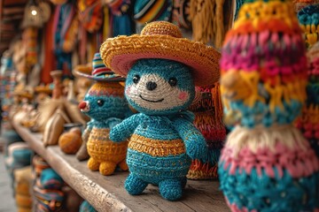 A traditional Mexican market, with colorful piñatas, sombreros, and mariachi music
