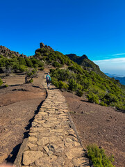 Hiker woman on scenic paved hiking trail winding up to mountain peak Pico Ruivo, Madeira island,...
