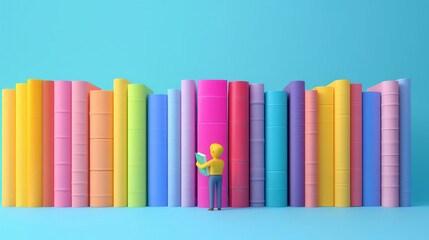 colorful books in a row and a little man with a colorful background