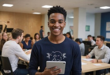 A joyful young man holds a tablet in a busy classroom setting. His engaging smile suggests confidence and eagerness.