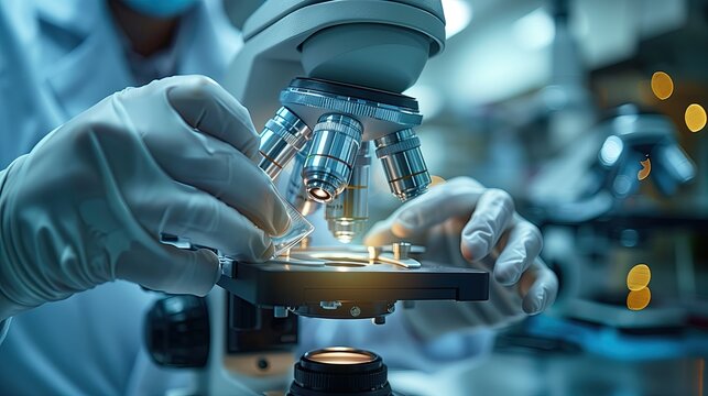 Scientist working with microscope in laboratory, closeup. Science, chemistry, biology, medicine and people concept
