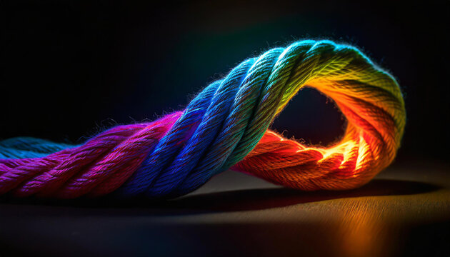 Mehrfarbiges verdrehtes dickes Seil auf Holzfläche in dramatischem Licht vor schwarzem Hintergrund