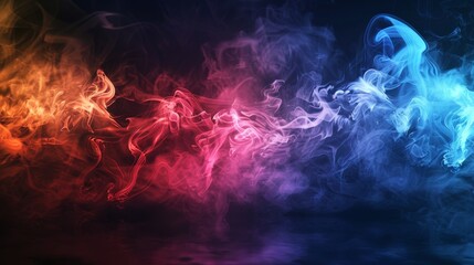 Dynamic, swirling smoke in random colors against a dark, enigmatic background with subtle light effects from the ground. - obrazy, fototapety, plakaty