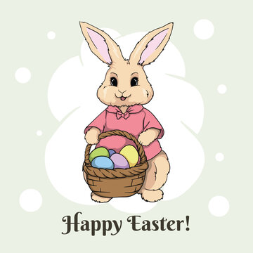 Cute Easter bunny holding a basket with colored eggs. Easter card. Bright vector illustration.