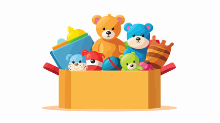 Kids toy box full of toys. Modern flat style vector