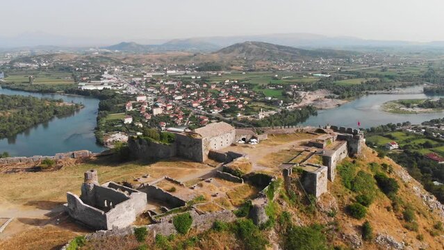 Aerial panoramic of medieval Rozafa Castle or Shkoder Castle in Shkoder