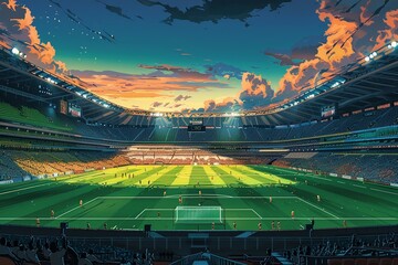 This dynamic illustration captures the electric atmosphere of a soccer match with vibrant green grass, enthusiastic fans, and the grandeur of the stadium, inviting viewers into the heart of the game - obrazy, fototapety, plakaty