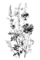 Fototapeta na wymiar Monochrome botanical floral pattern with various flowers. A seamless, elegant black and white floral pattern featuring assorted blooming flowers and foliage, perfect for a variety of design uses.
