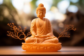 A buddha statue is positioned on a wooden table, creating a serene and contemplative scene. - Powered by Adobe