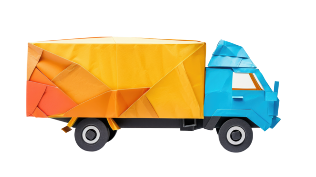 Colored commercial vehicle - delivery truck in origami on transparent