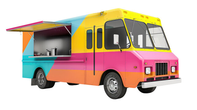 colored  food truck in origamy style on transparent