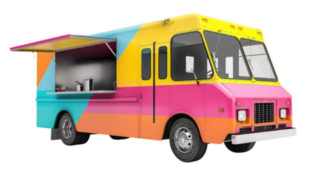 colored  food truck in origamy style on transparent