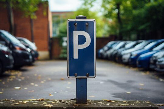A parking sign stands in front of a row of parked cars in a lot. The vehicles are neatly aligned next to each other in an organized manner.