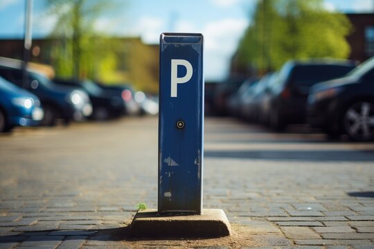 A parking sign stands in front of a row of parked cars in a lot. The vehicles are neatly aligned next to each other in an organized manner.
