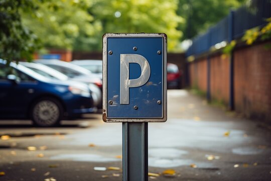 A parking sign stands in front of a row of parked cars in a lot. The vehicles are neatly aligned next to each other in an organized manner.