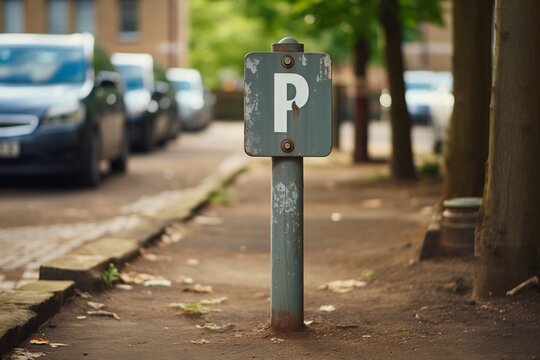 A parking sign stands in front of a row of parked cars in a lot. The vehicles are neatly aligned next to each other in an organized manner.