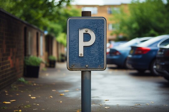 A parking sign stands in front of a row of parked cars in a lot. The vehicles are neatly aligned next to each other in an organized manner.
