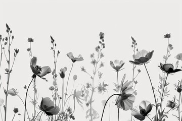 Naklejka premium Monochrome botanical floral pattern with various flowers. A seamless, elegant black and white floral pattern featuring assorted blooming flowers and foliage, perfect for a variety of design uses.