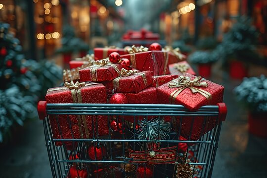 Generate An Image Of A Crowded Shopping Cart Filled With Holiday Gifts And Decorations