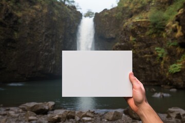 A person standing in front of a waterfall, holding a card in their hand.