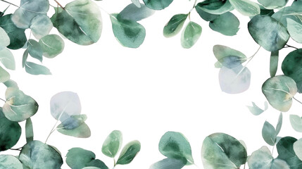 Watercolor banner with green eucalyptus leaves and branches on transparent. Spring or summer flowers for invitation, wedding or greeting cards. - obrazy, fototapety, plakaty