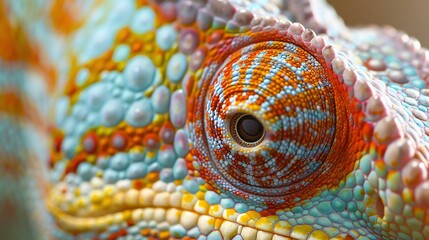 A close-up of a chameleon's eye. The eye is a bright orange color with a black pupil.