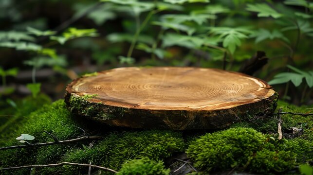 This is a photo of a wooden stump in a lush green forest setting. The stump has a smooth, light brown surface and is surrounded by vibrant green moss.