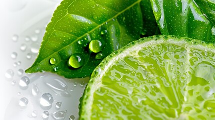 Fresh lime with leaf and water droplets for natural refreshment. Close-up of green citrus fruit for...