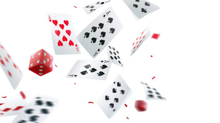 Playing cards falling on transparent background