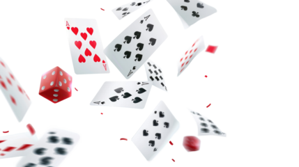Playing cards falling on transparent background