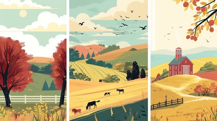 A vector illustration of a rural landscape. The image features a red barn, a tree, and a horse grazing in a field. - obrazy, fototapety, plakaty