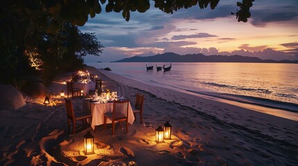 A beautiful beach dinner setting with a view of the ocean. The sun is setting, and the sky is ablaze with color.