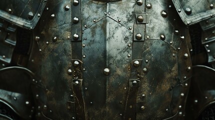 Close-up of a medieval knight's armor. The armor is made of metal and has several rivets and studs. The armor is old and has some scratches and dents.