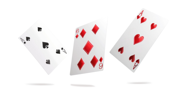 Playing cards falling on transparent background