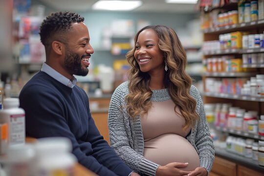Generate an image of a pharmacist counseling a pregnant woman on medication safety during pregnancy