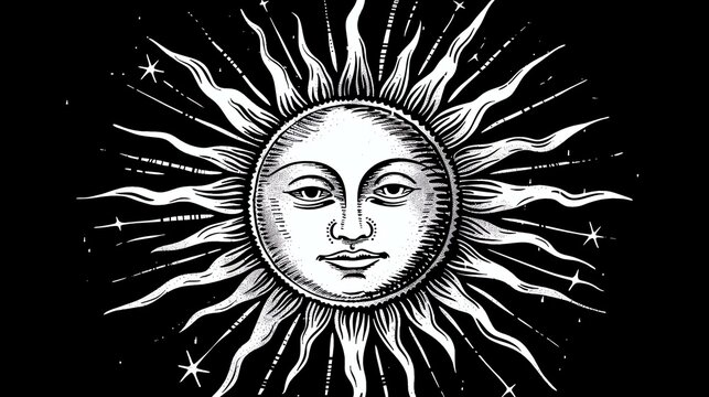 The image is a black and white drawing of a stylized sun with a human face.
